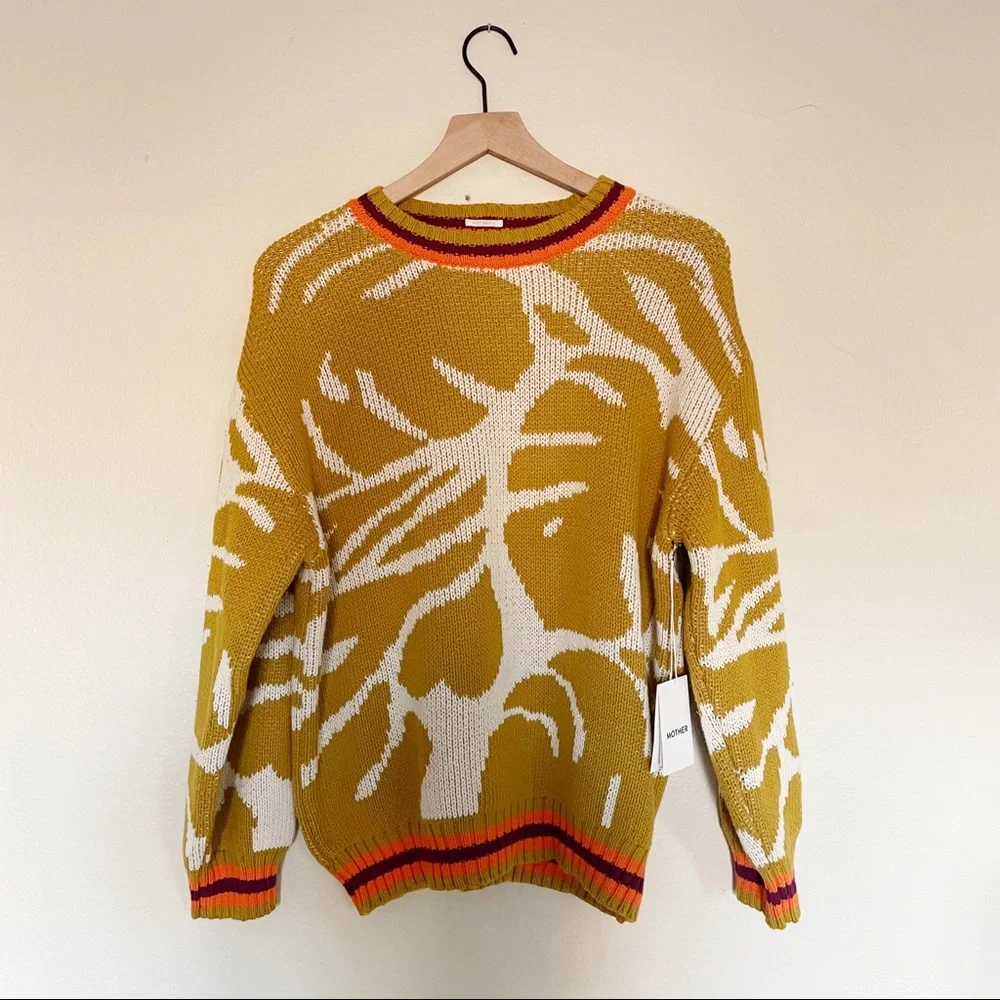 MOTHER The Jumper Wild Palms Sweater Mustard/Cream with Orange/Burgundy Detail - Picture 3 of 5